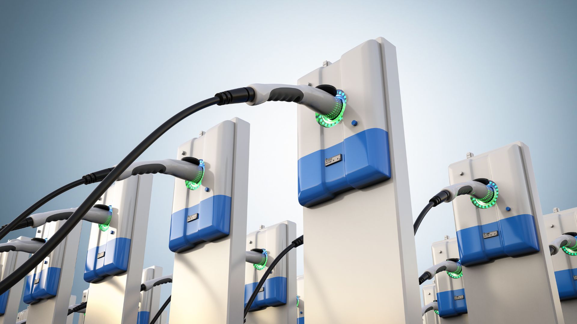 A row of electric vehicle charging stations