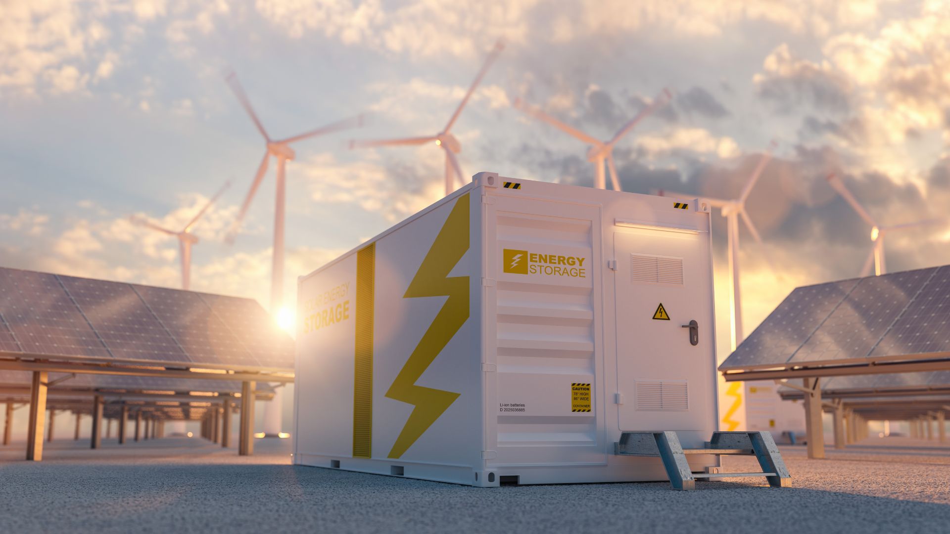 Battery storage sitting in front of solar panels and wind turbines