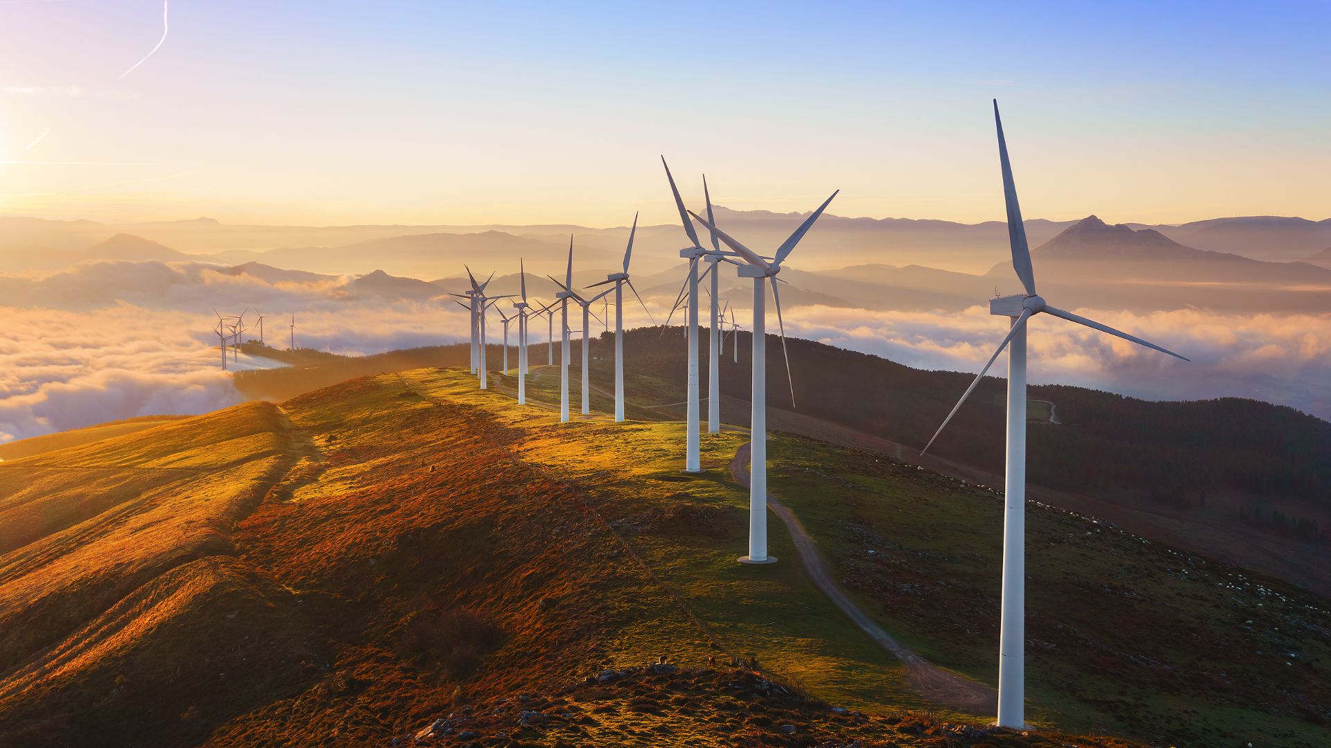 A row of wind turbines on a hillside