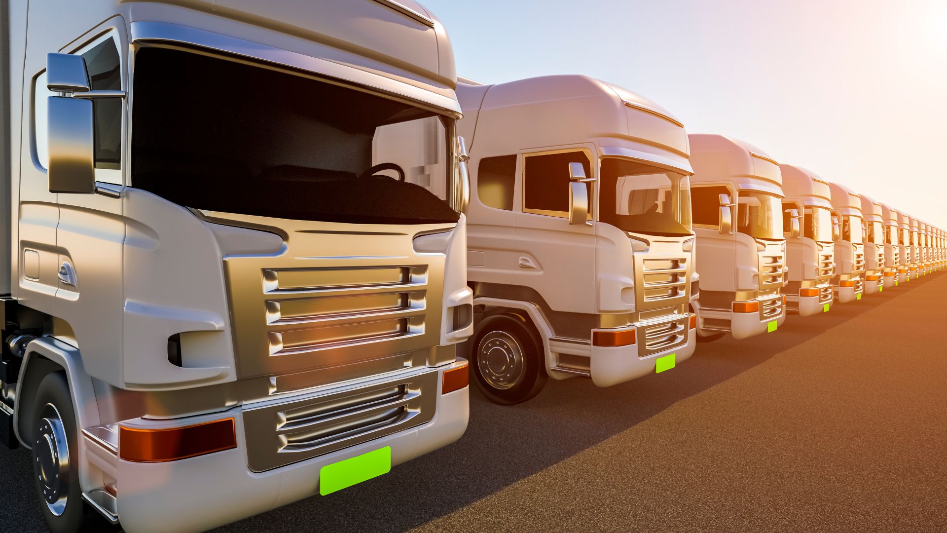 A computer generated image of a row of electric trucks