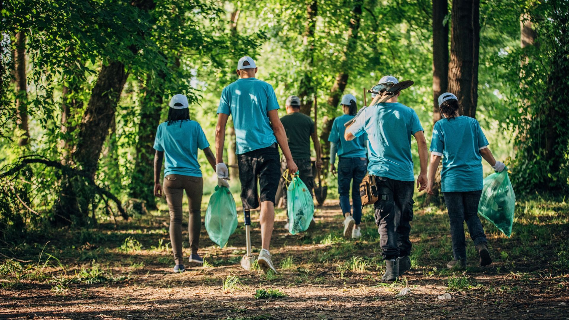A group of young people picking up trash in a forest