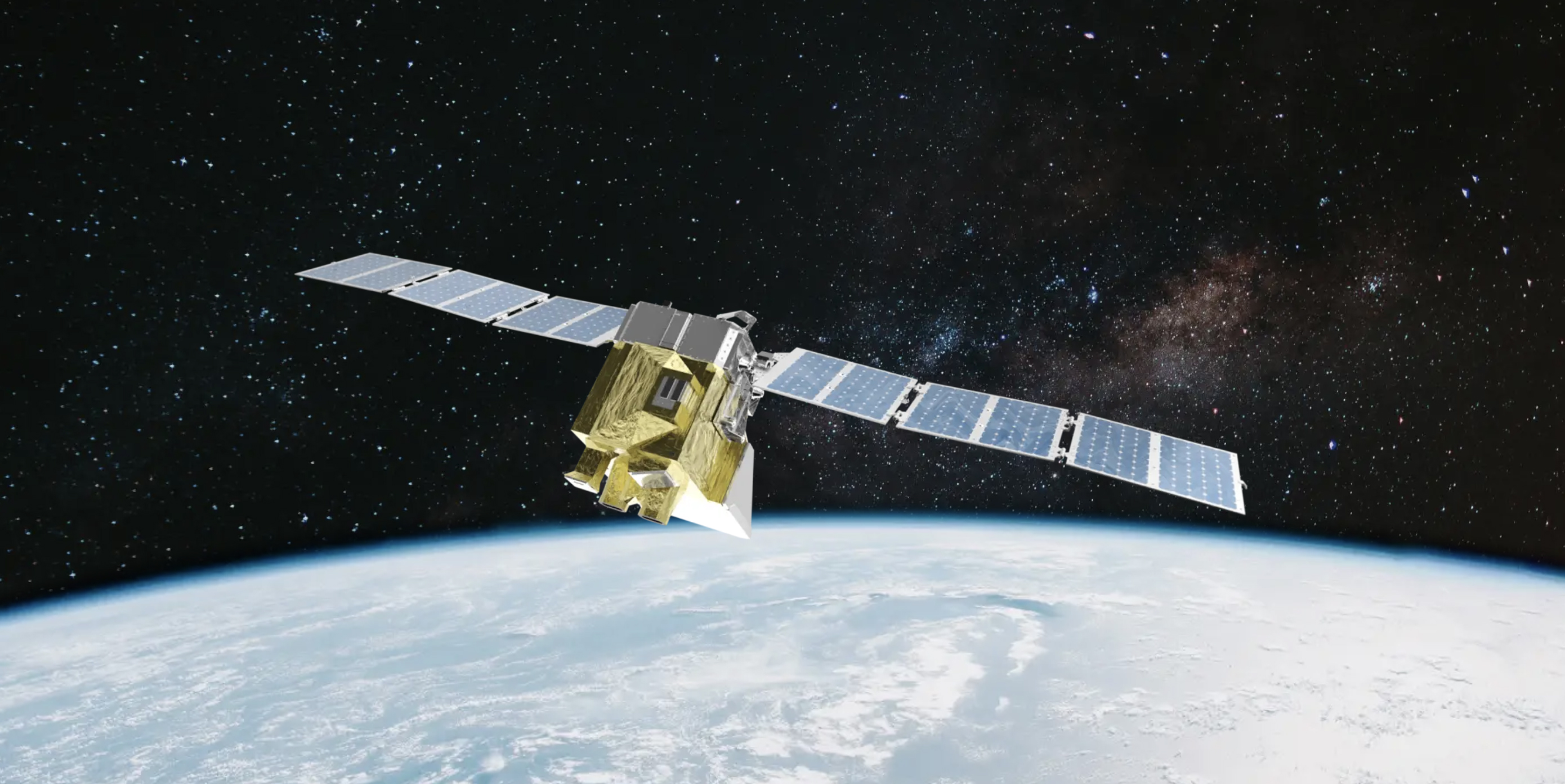 A rendering of the Methane SAT flying over the Earth