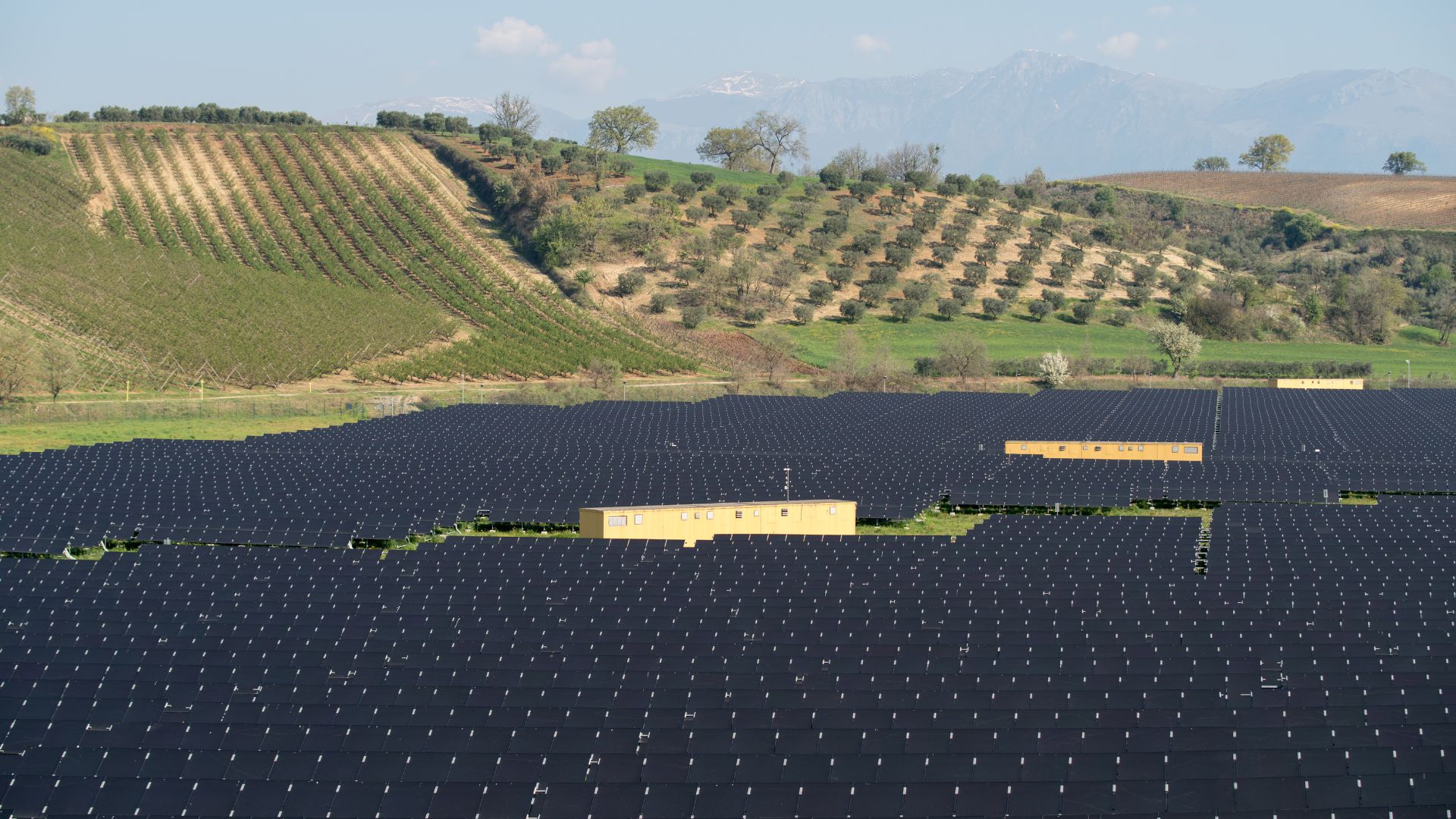 A large solar array enveloped by farmland on all sides