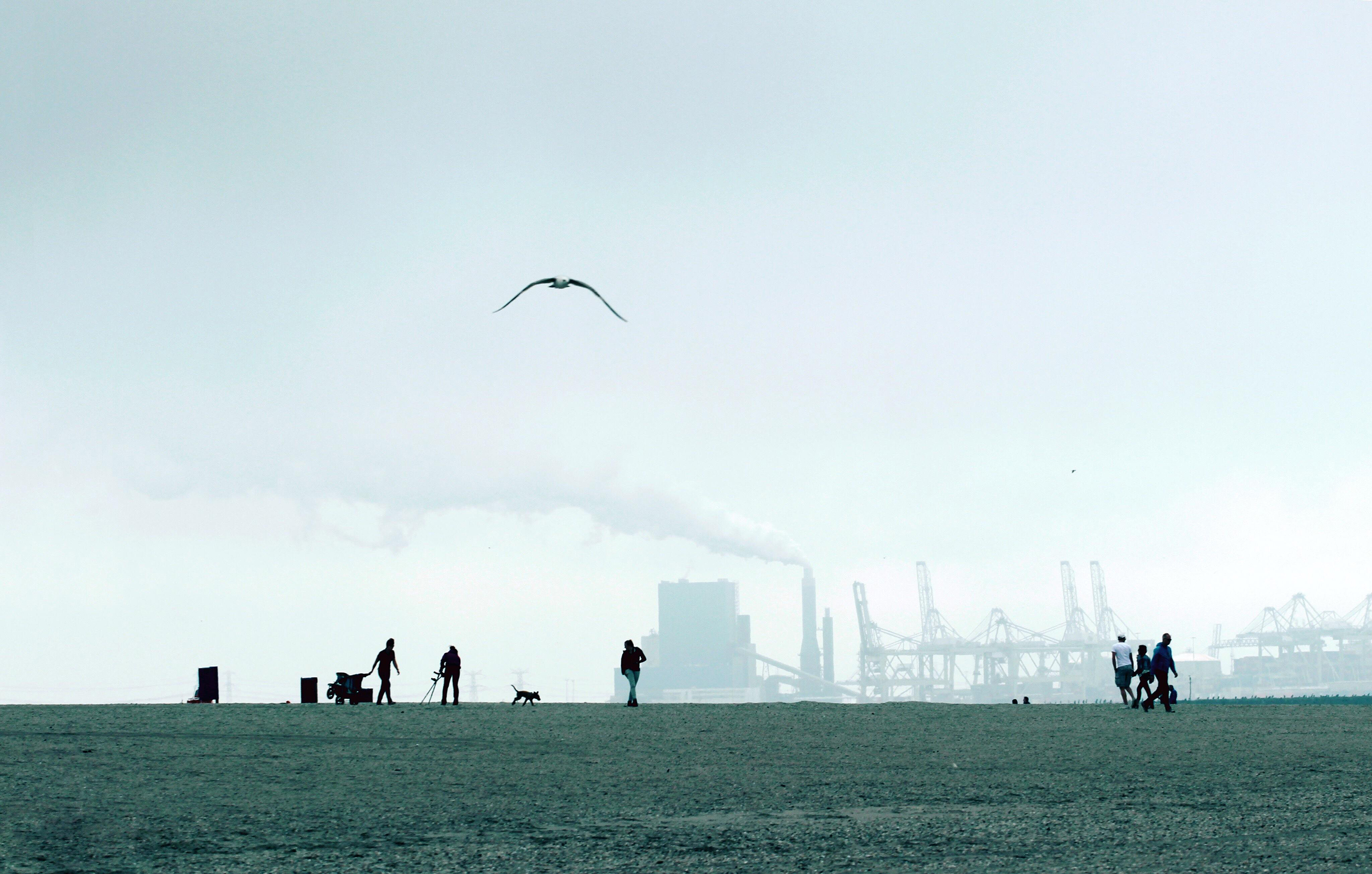 Distant view of people in a field, with a factory in the background releasing smoke.