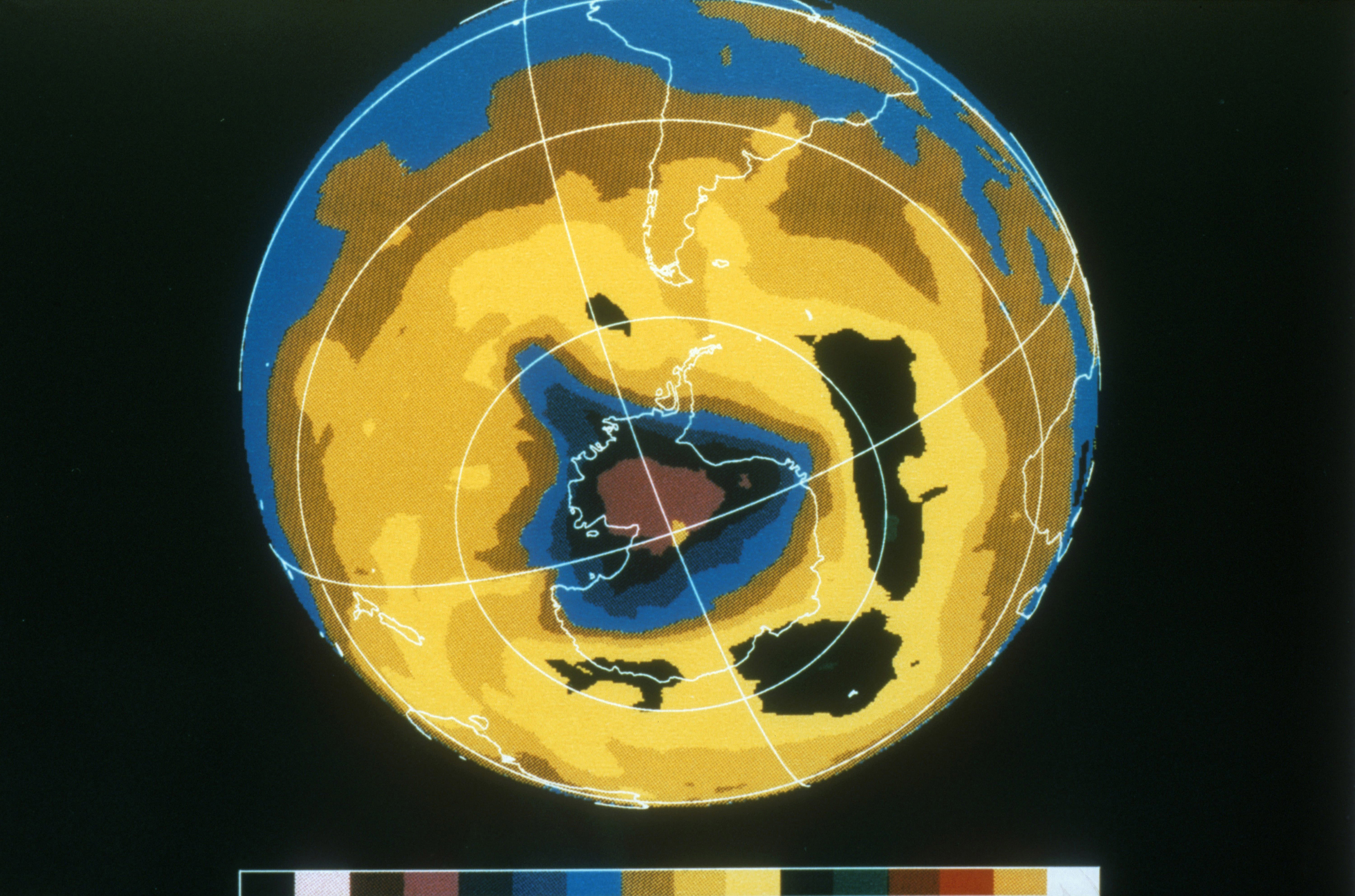 False colour image of Antarctic ozone hole.