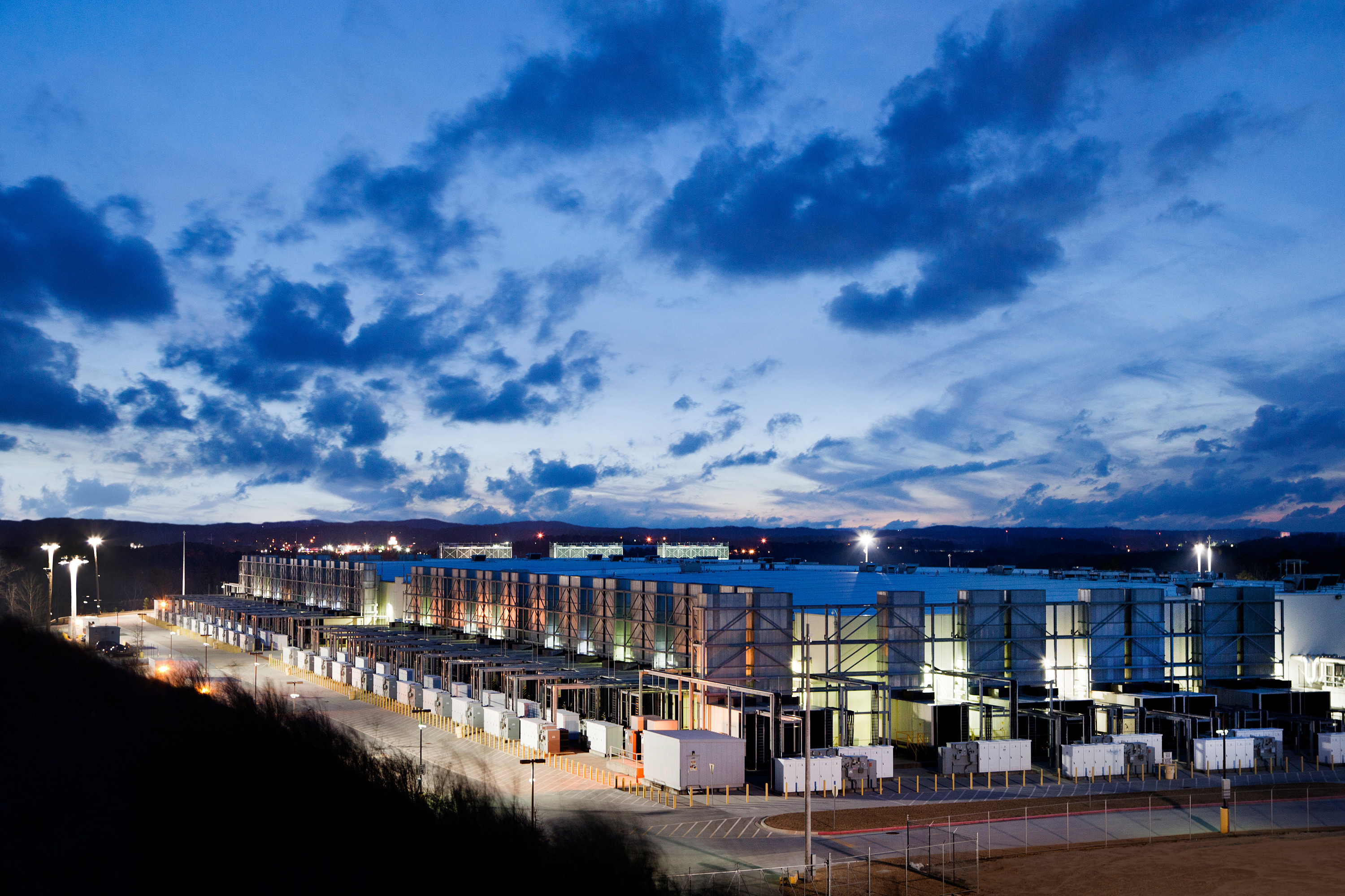 A large Google data center is pictured at dusk in Douglas County, Georgia.
