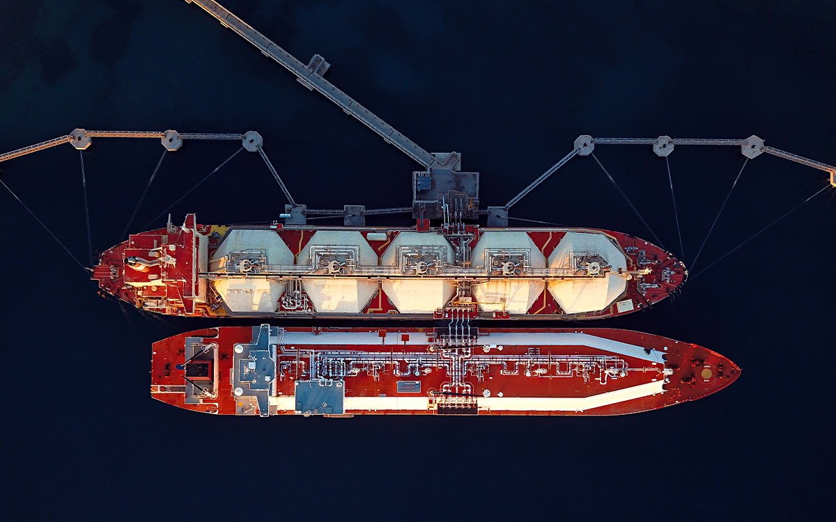 Two Liquefied Natural Gas (LNG) Tankers Moored To The Jetty From Above