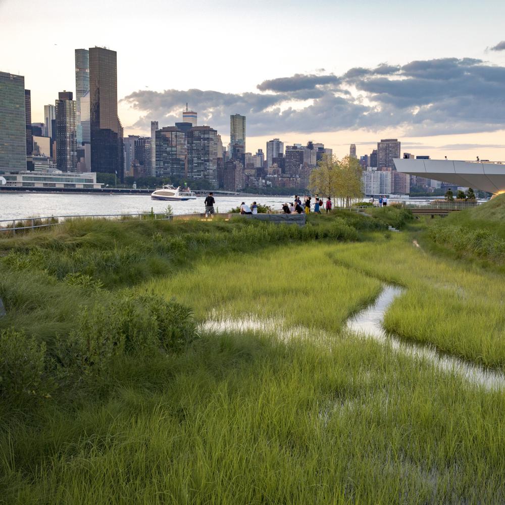City park with grass and landscaping next to a waterway.