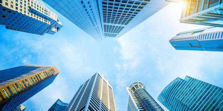 Skyscrapers viewed from below.