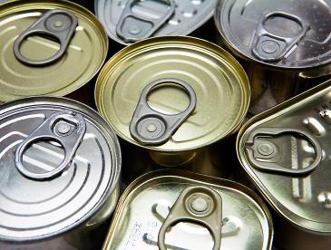 Several canned items viewed from above.