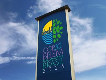 COP30 sign welcoming attendees to the conference.