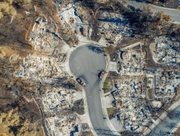 Bird's eye view of homes reduced to ashes in a cul de sac.