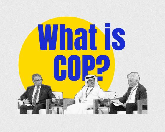 The words 'What is COP' displayed over speakers seated at a confernece.